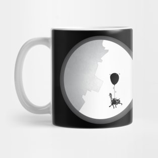 a scaryed cat fly on the moon by a baloon Mug